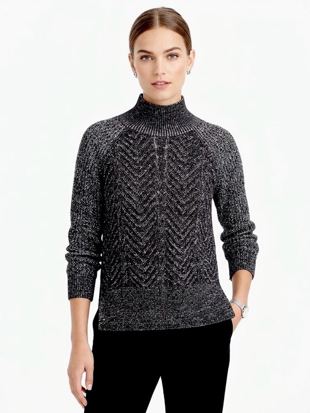 All Saints Minimalist Mock Neck Sweater Cotton Mohair Chevron Chunky Ribbed Knit